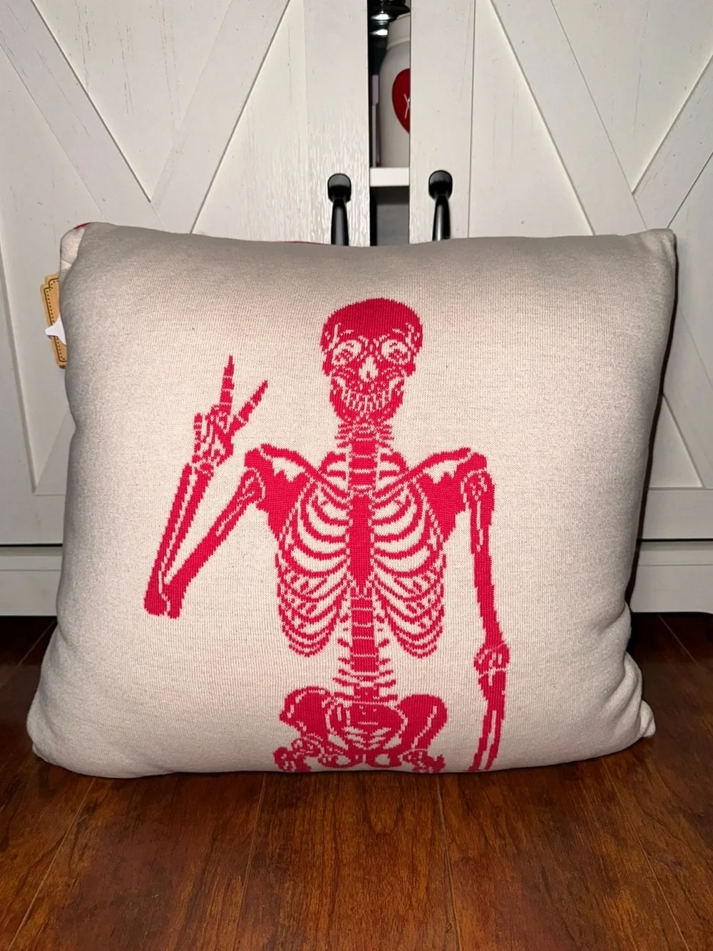 Pink Skeleton Throwing Peace Sign Halloween Decorative Throw Pillow